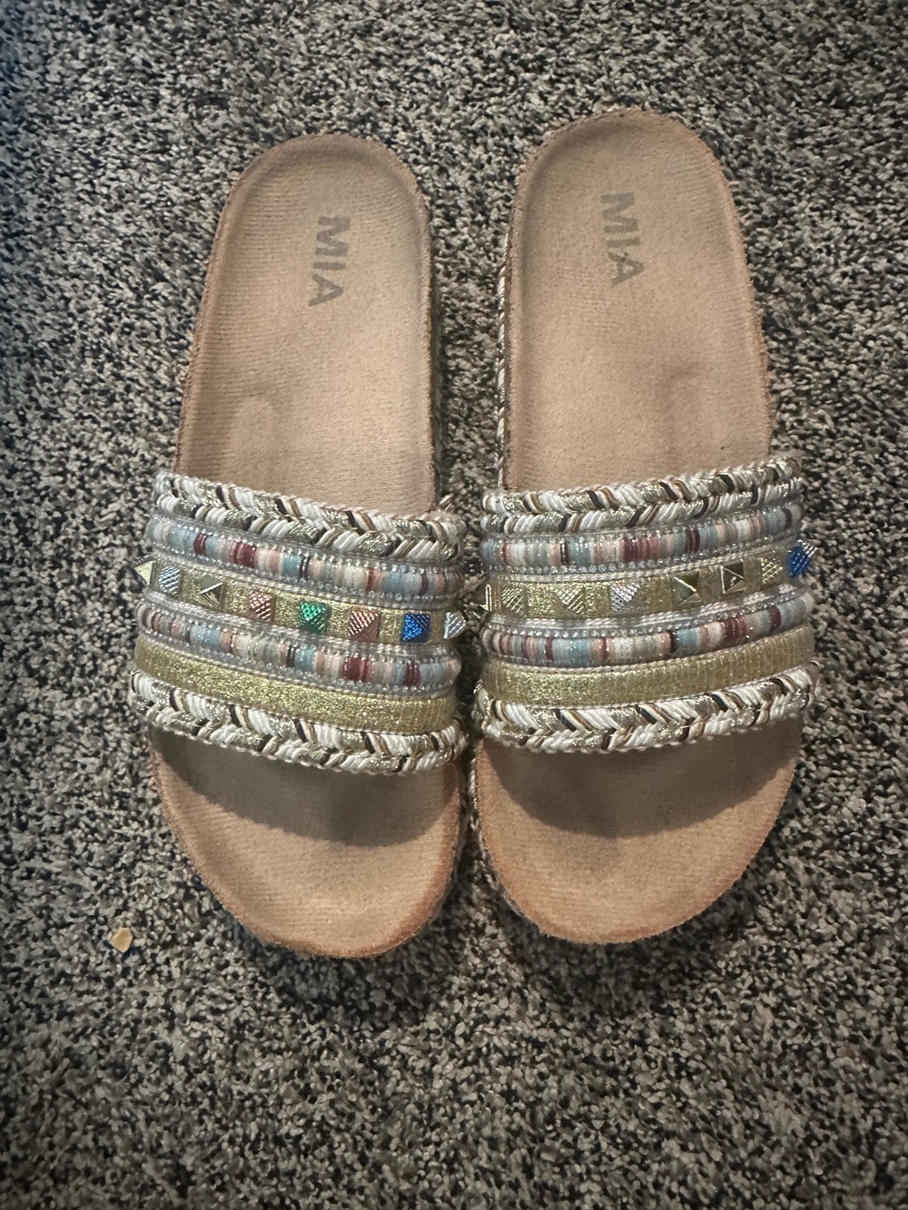 MIA Beaded Metallic Multi-Stripe Slide Sandal